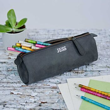 Personalised Black Buffalo Leather Round Pencil Case, 3 of 6
