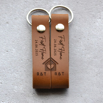 Personalised New Home Leather Keyring Set Housewarming Gift, 2 of 9