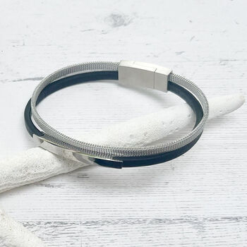Sleek Black Stainless Steel And Leather Men's Bracelet, 4 of 7