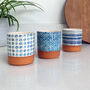 Set Of Three Contemporary Blue Abstract Ceramic Pots, thumbnail 1 of 6