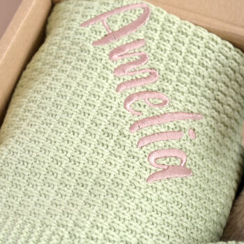 Personalised Sage Green Knitted Blanket, Booties And Monkey Gift Box, 8 of 11