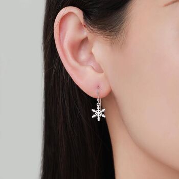 Sterling Silver Delicate Snowflake Drop Hook Earrings, 4 of 11