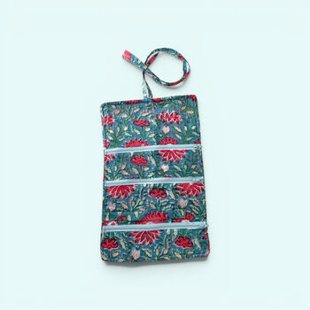 Cotton Jewellery Roll | Teal And Pink Floral, 3 of 6