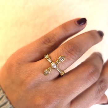 Pearl Cross Ring In 18k Gold Gemstone Cocktail Ring, 5 of 10