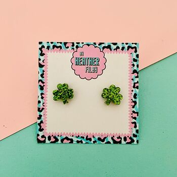 Green Clover Glitter Stud Earrings, 5 of 5