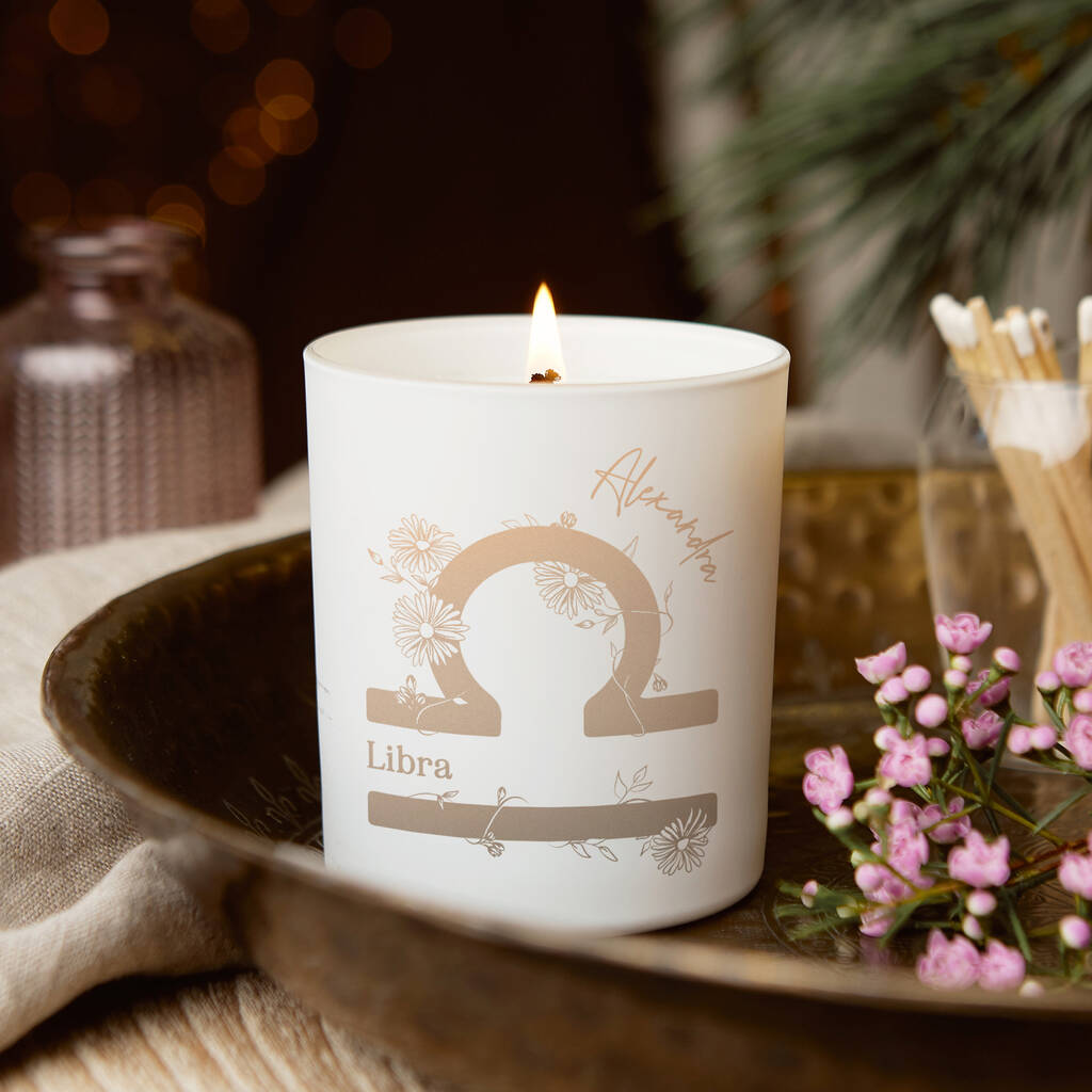 Libra Zodiac Birth Flower Personalised Candle Gift By Kindred Fires