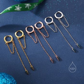 Sterling Silver Dangling Spike Chain Huggie Hoop Earrings, 2 of 10