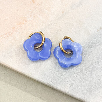 Chunky Resin Flower Drop Gold Huggie Hoop Earrings, 3 of 3