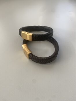 Mens Vegan Leather Woven Black And Gold Bracelet, 2 of 4