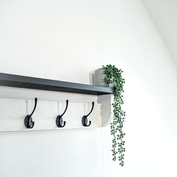 White Coat Rack With Black Shelf 10cm Deep, Shelf With Hooks, Black Hooks, Silver Hooks, Bronze, Copper, Chrome Hooks, Brass Hooks, 3 of 10