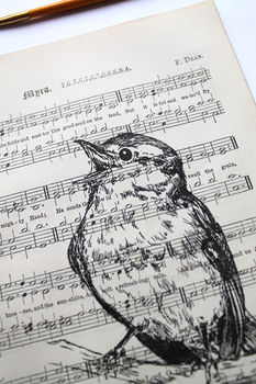 Singing Bird Screen Print On Vintage Sheet Music Paper, 6 of 6