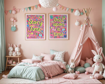 Pink Story Time Print, Reading Nook Illustration, Girls Room Wall Art, 10 of 12