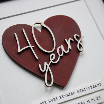 Personalised 40 Years Ruby Wedding Anniversary Wooden Heart Print, 2 of 4