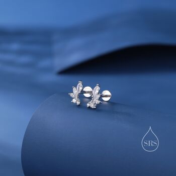 Sterling Silver Mini Marquise Cz Internally Threaded Flat Back Earrings, 8 of 12