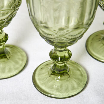 Aurielle Set Of Four Embossed Green Glass Wine Goblets, 4 of 5