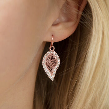 Rose Gold Plated Crystal Encrusted Small Leaf Earrings, 3 of 3