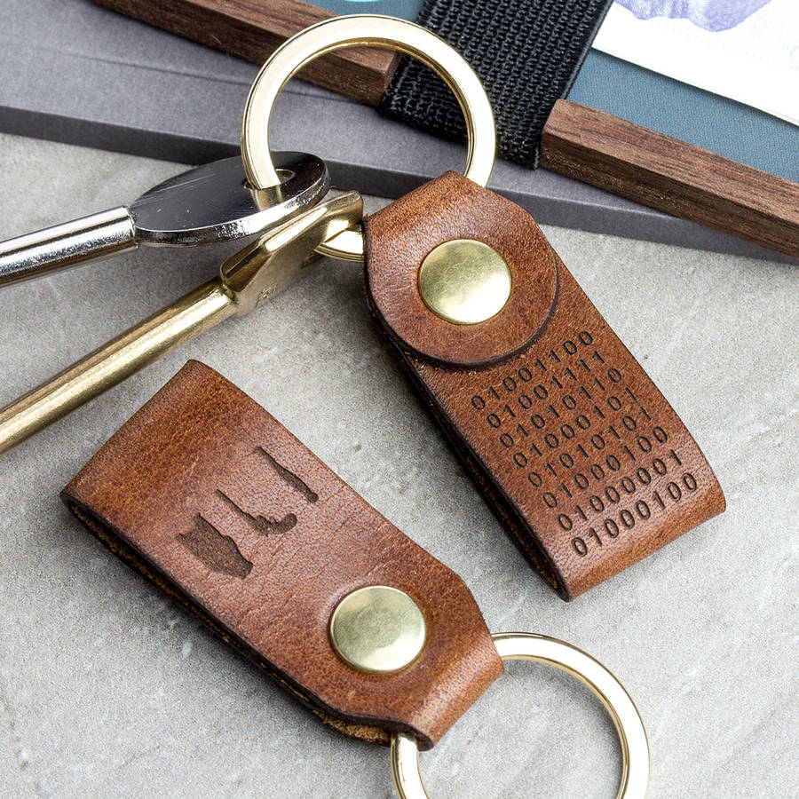 binary code 'love you dad' leather keyring by man gun bear