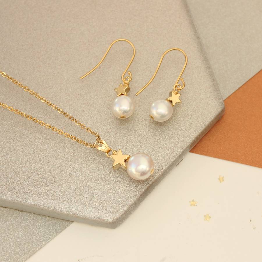Gold Star With Pearl Necklace And Earrings By Bish Bosh Becca White Pearl Necklace And Earring Set With Gold Star