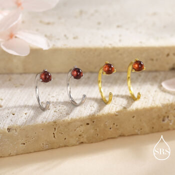 Genuine Garnet Huggie Hoop Earrings In Sterling Silver, 6 of 12
