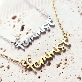 Feminist Script Necklace In Stainless Steel With Adjustable Chain, 2 of 4