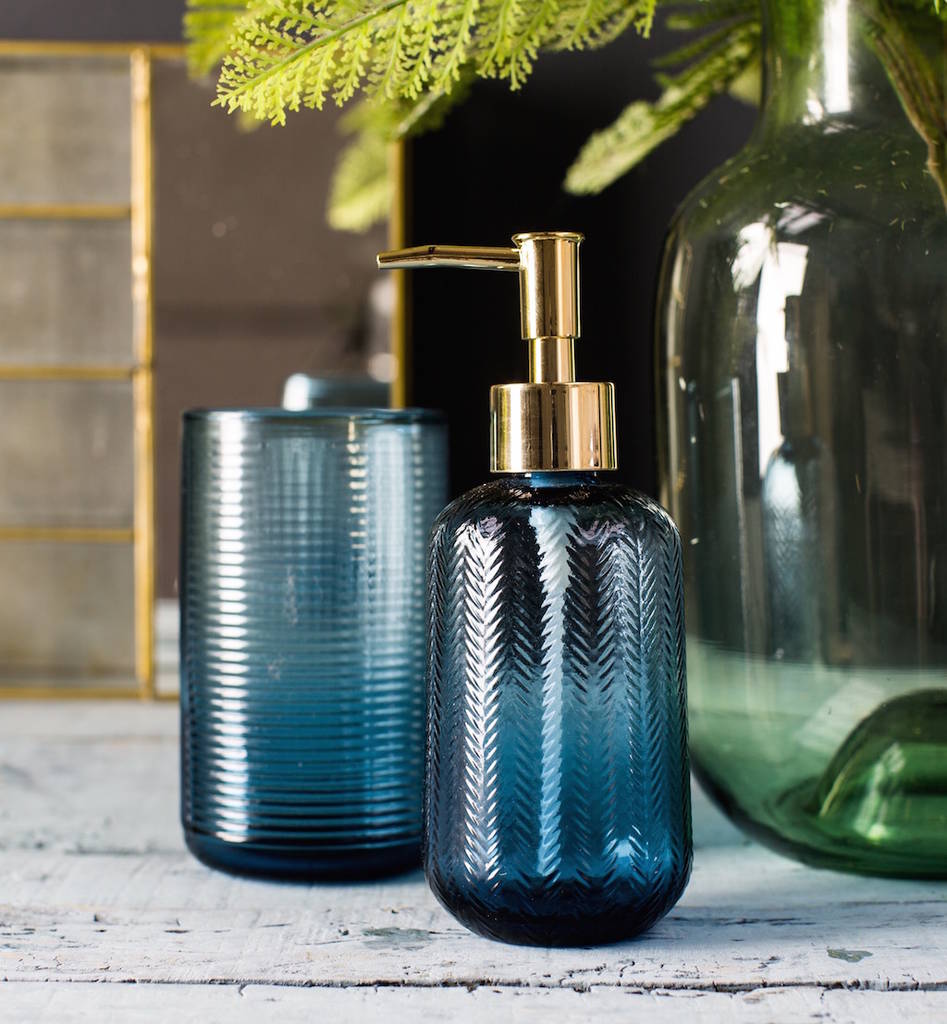 etched blue glass soap dispenser by the forest & co