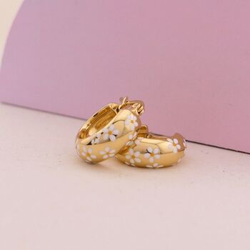 White Daisy Flower 18ct Gold Plated Huggie Hoop Earrings, 6 of 6