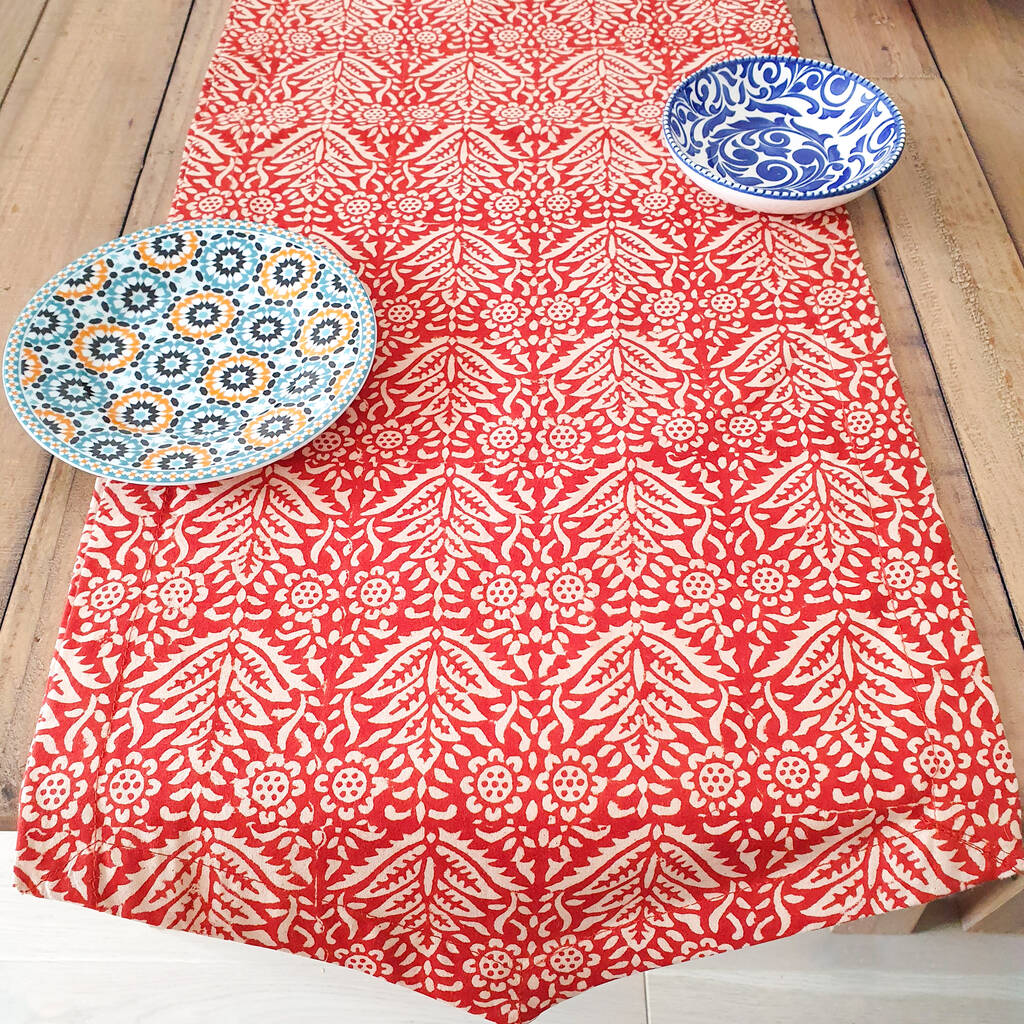 Bagru Block Printed Indian Table Runner, Red And White, 1 of 11