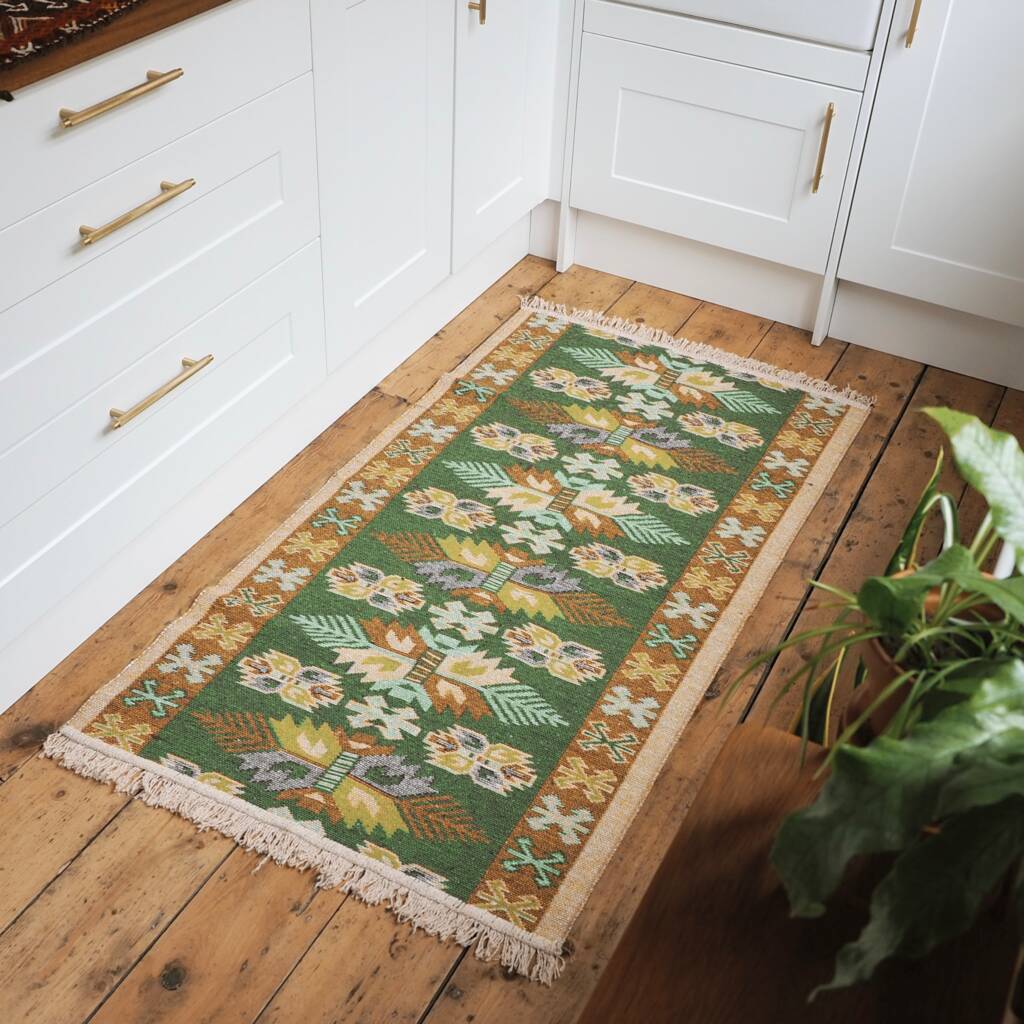 Turkish Kilim Green Leaf Runner Rug By Halcyon Daze Store