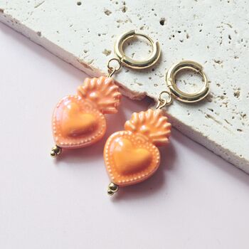 Sacred Heart Orange Earrings With 18ct Gold Plated Huggie Hoops, 2 of 6