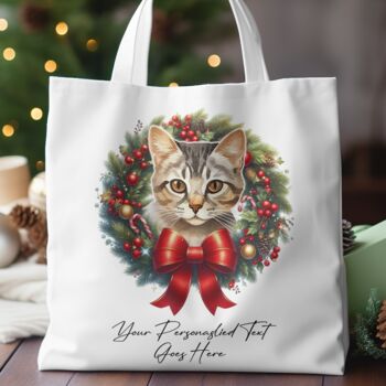 Personalised Tote Bag Cat In Christmas Wreath. 20 Different Breeds, 5 of 12