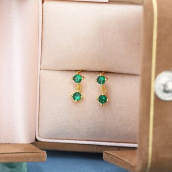 Tiny Emerald Green Double Cz Dangle Stud Earrings, 5 of 10