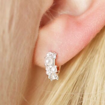 Irregular Pearl Crystal Huggie Hoop Earrings, 2 of 10