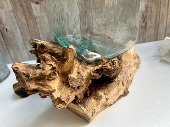 Molten Glass Driftwood Melted Glass Vase On Wood Base, 6 of 9