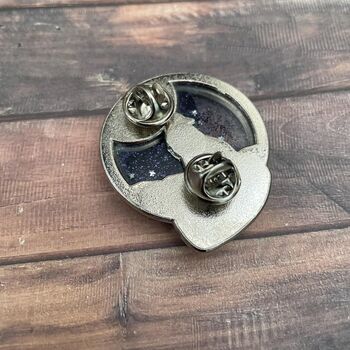 Moving Wolf Howling With Moon Enamel Pin With Shaker Glitter And Stars, 2 of 3