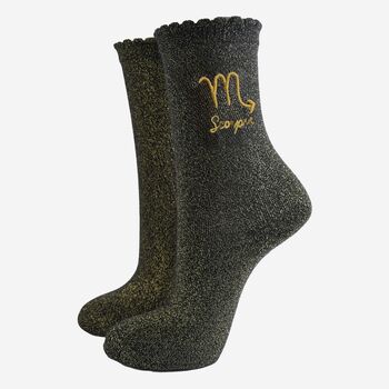 Women's Glitter Socks Black Gold Zodiac Scorpio, 2 of 5