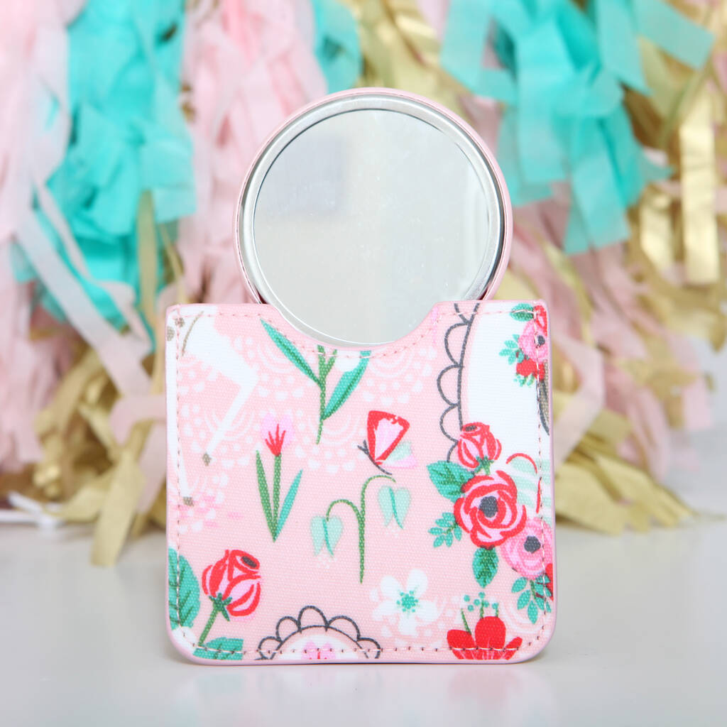 Pink Girl Compact Mirror In Patterned Pouch By red berry apple