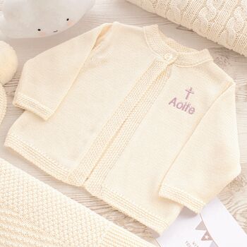 White Personalised Christening Matinee Cardigan With Cross, 2 of 12