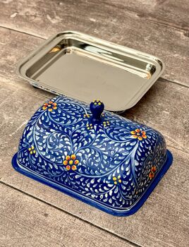 Handpainted Blue Swirl Patterned Butter Dish, 2 of 5