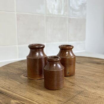 Set Of Three Mini Vintage Brown Stoneware Ink Bottles, 4 of 6