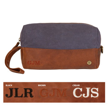 Personalised Blue Canvas And Leather Wash Bag/Dopp Kit, 5 of 8