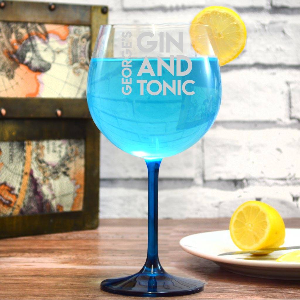 personalised gin glass with a blue stem by