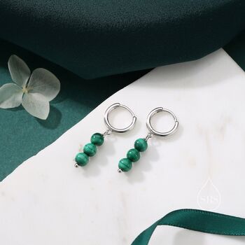 Sterling Silver Genuine Malachite Stone Trio Huggie Hoop Earrings, 4 of 11