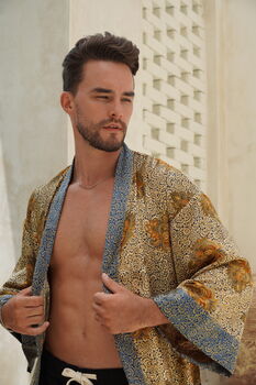 Gold Unisex Batik Silk Blend Kimono Robe Jacket, 7 of 11