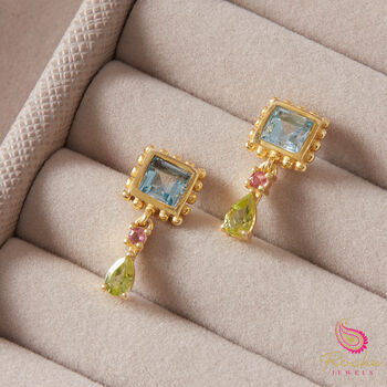 Blue Topaz, Tourmaline And Peridot Stud Drop Earrings, 3 of 8