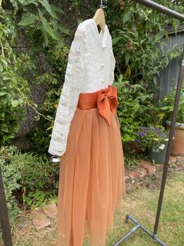 Long Sleeve Lace Burnt Orange Tulle Dress, 5 of 7