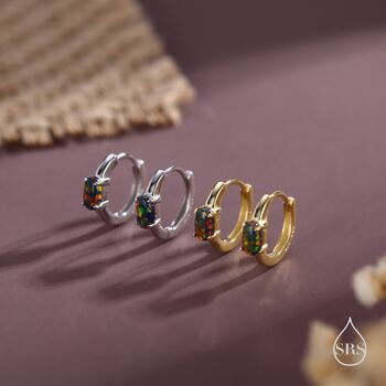 Oval Black Opal Huggie Hoop Earrings In Sterling Silver, 2 of 10