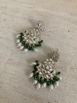 Emerald Green Gold Plated Kundan Earrings And Tikka Set, 5 of 8