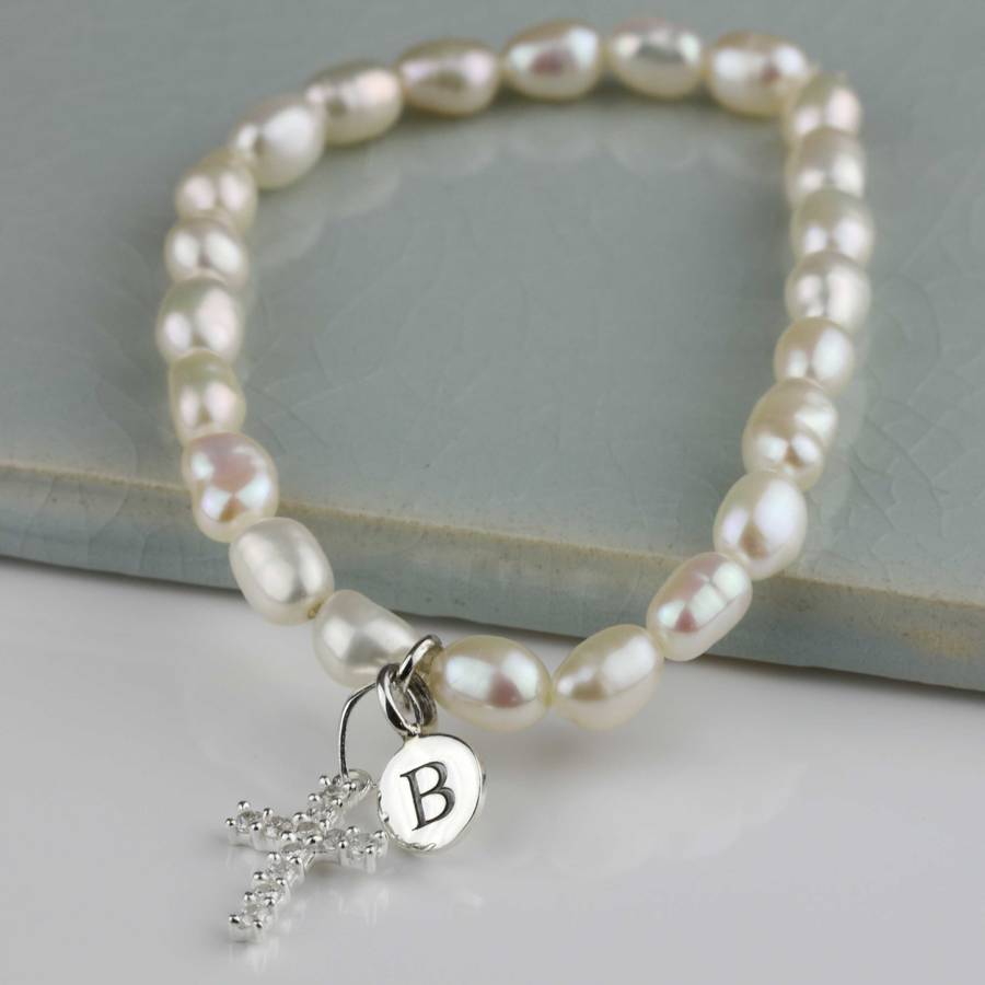 Personalised Freshwater Pearl Silver Cross Bracelet By Nest Gifts