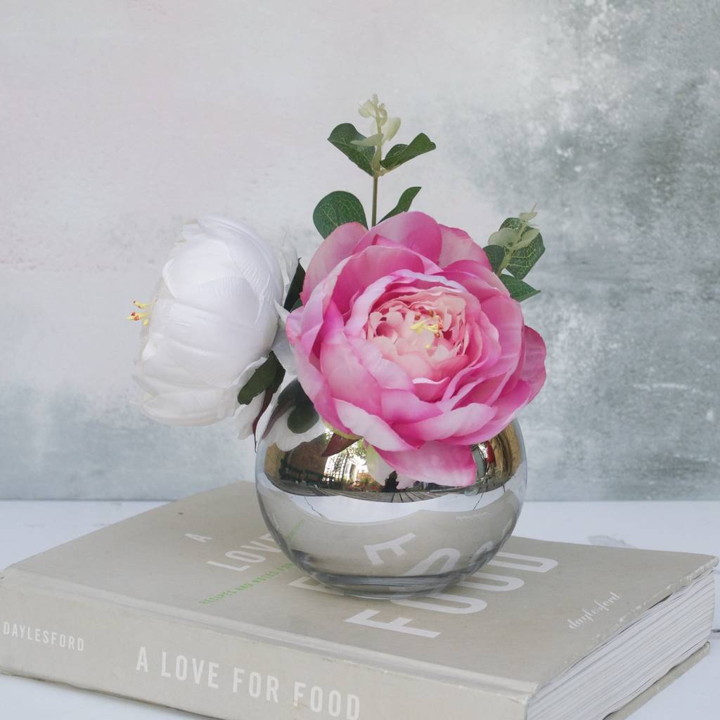 artificial peony bouquet in mirrored vase by abigail bryans designs