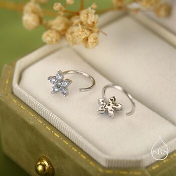 Uncoloured Forget Me Not Flower Cz Huggie Hoop Earrings, 5 of 12
